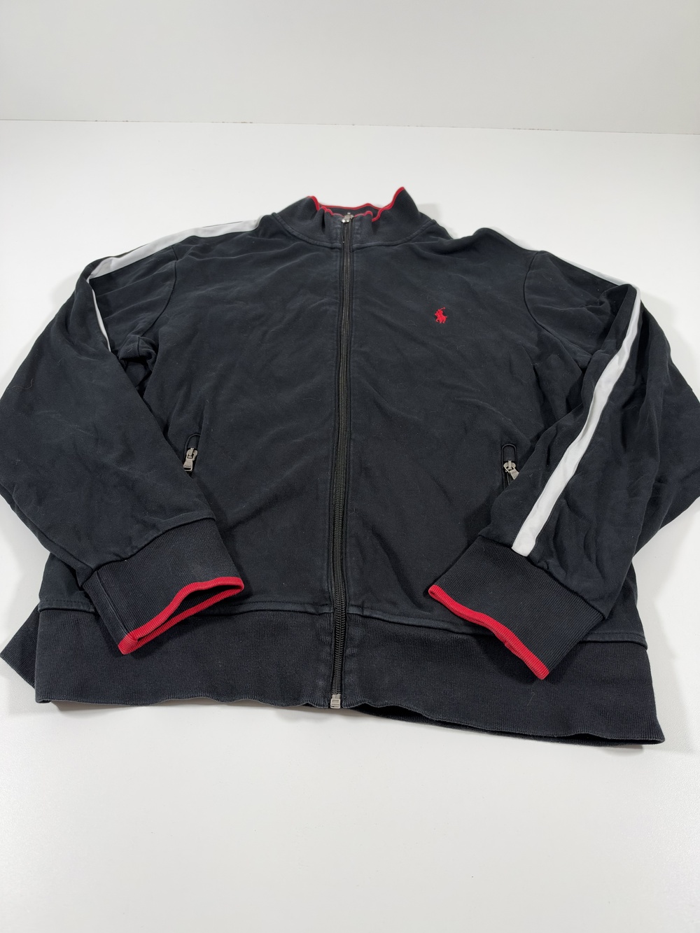 Polo Ralph Lauren Track Jacket Mens Large Black Full Zip Red Trim White Stripe